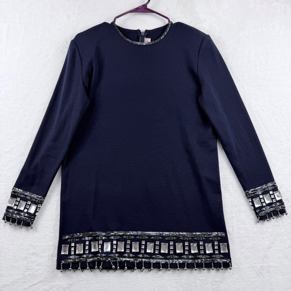 Outlander Embellished Jewel Bead Sweater Glam Holiday Navy Blue Small  OR